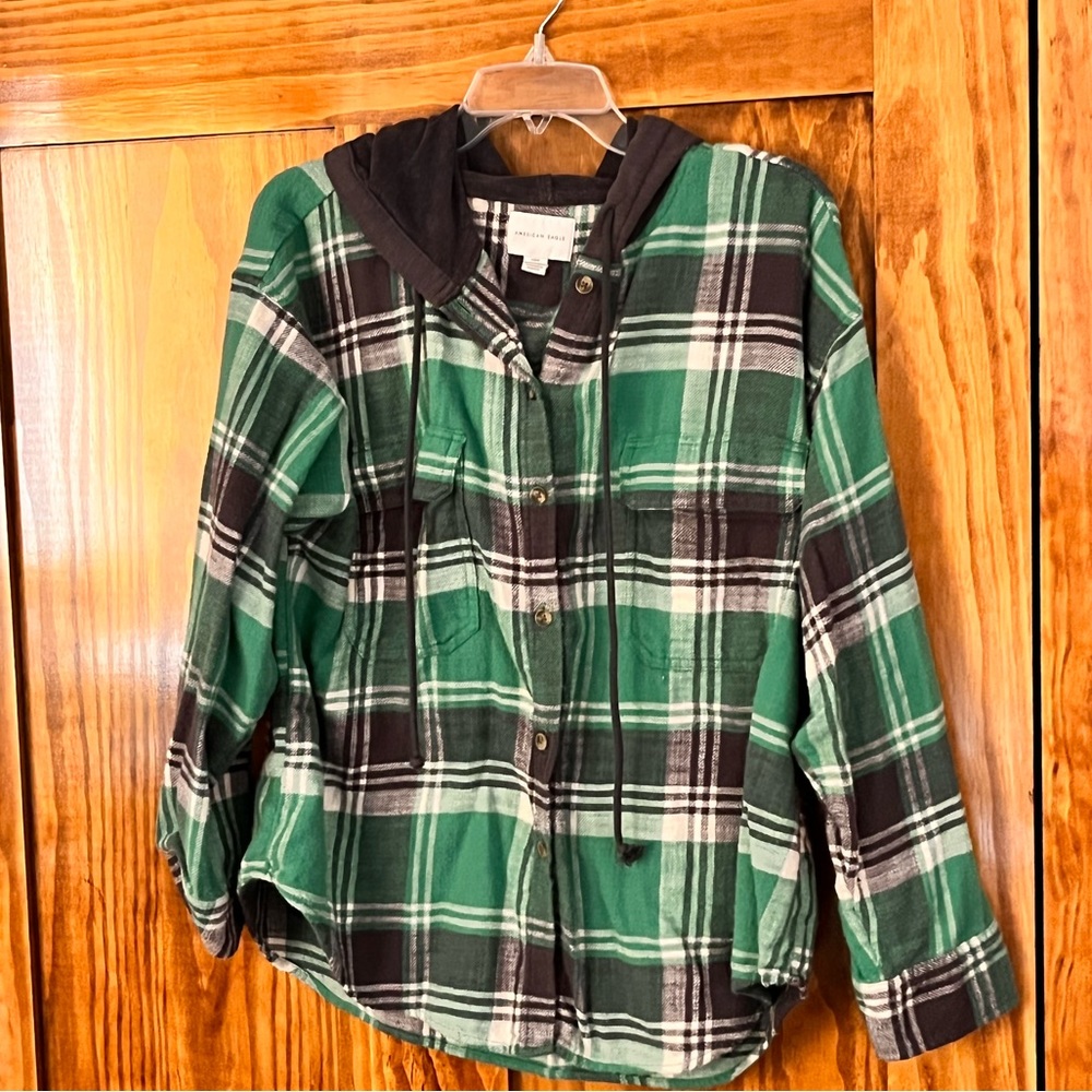 American Eagle Green Plaid Flannel Hoodie